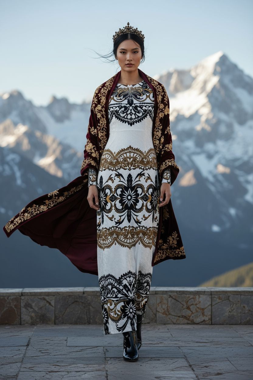 Model wearing Velora Velvet Shine Long Sleeve Maxi Dress Elegant Baroque Evening Gown XS–6XL with mountain background