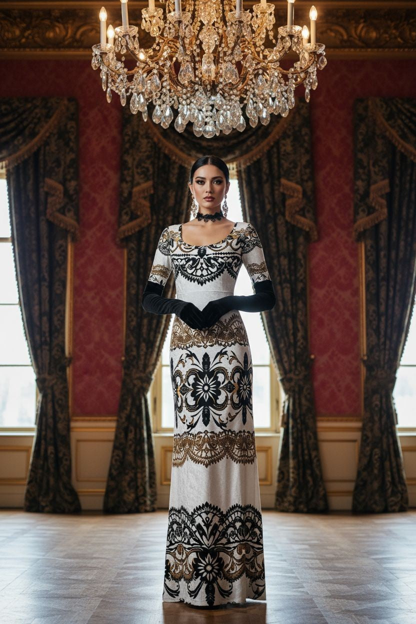 Velora Velvet Shine Long Sleeve Maxi Dress Elegant Baroque Evening Gown XS–6XL worn by model in ornate room