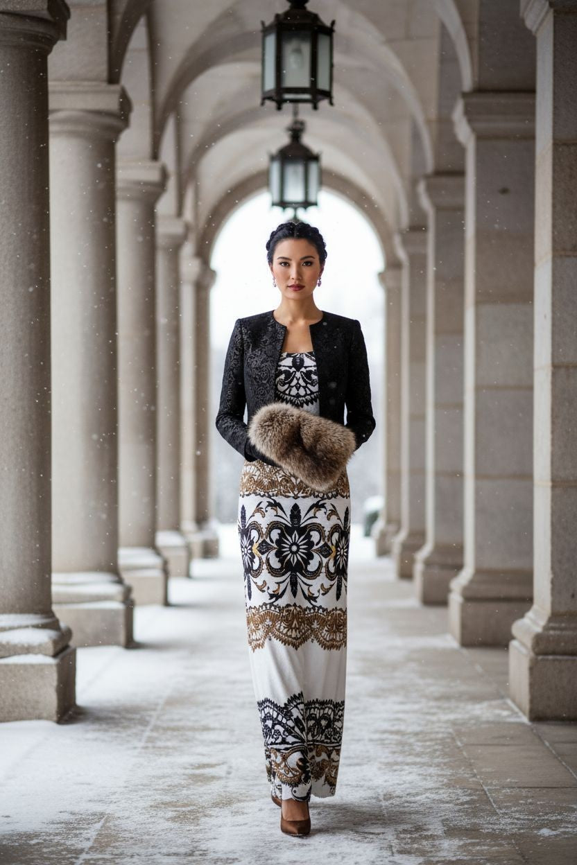 Woman wearing Velora Velvet Shine Long Sleeve Maxi Dress Elegant Baroque Evening Gown XS–6XL standing in stone column corridor