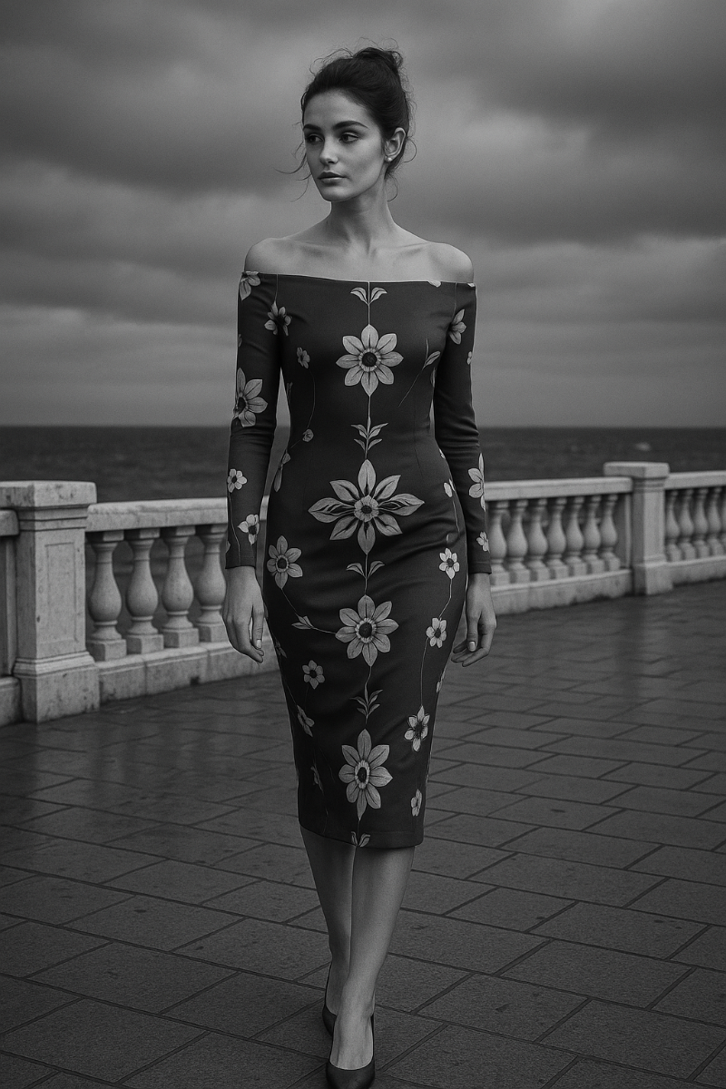 Black and white photo of a woman wearing a 1950s sunflower wrap dress off-shoulder luxury evening dress