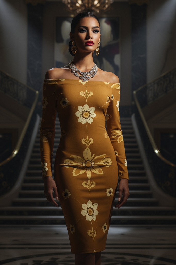 Elegant luxury evening 1950s sunflower wrap dress with off-shoulder long sleeves and floral design