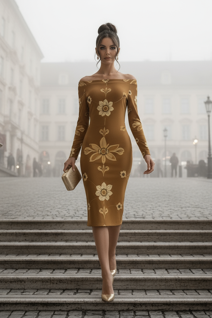 Luxury 1950s sunflower wrap dress in brown with floral pattern worn by model on city stairs