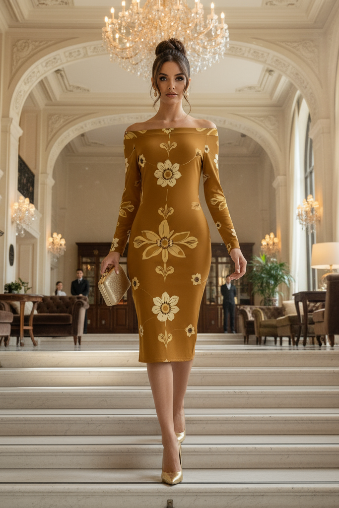 POD luxury evening 1950s sunflower wrap dress with long sleeves and floral print in elegant setting
