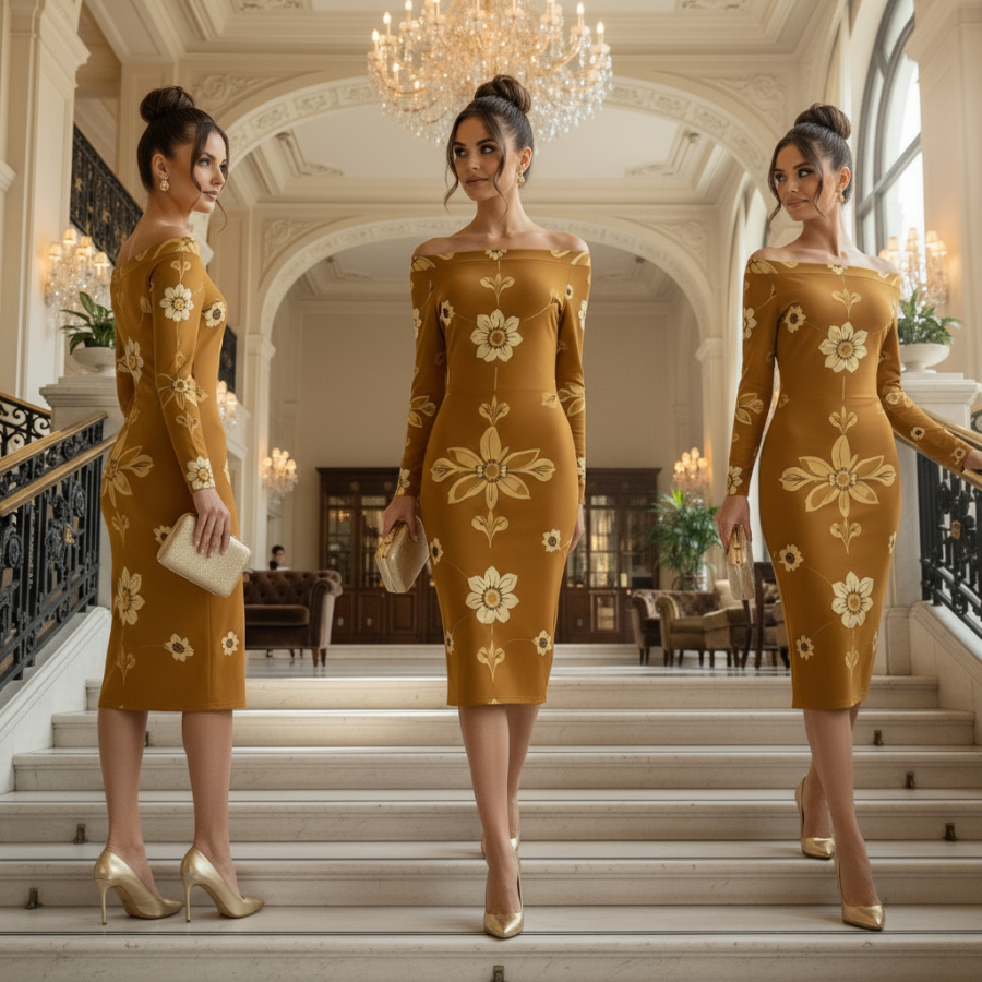 POD luxury 1950s sunflower wrap dress in mustard with floral design and off shoulder neckline