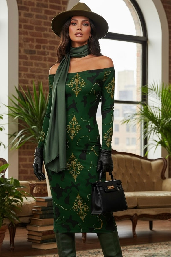 Angelic Blessings Shop Barogue-Military- Off The Shoulder midi dress in green with gold patterns worn with matching scarf and hat