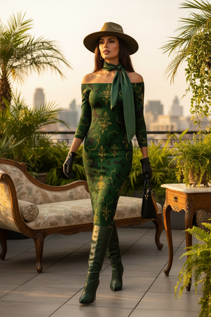 Model wearing Angelic Blessings Shop Barogue-Military- Off The Shoulder midi dress in green with gold pattern and matching boots