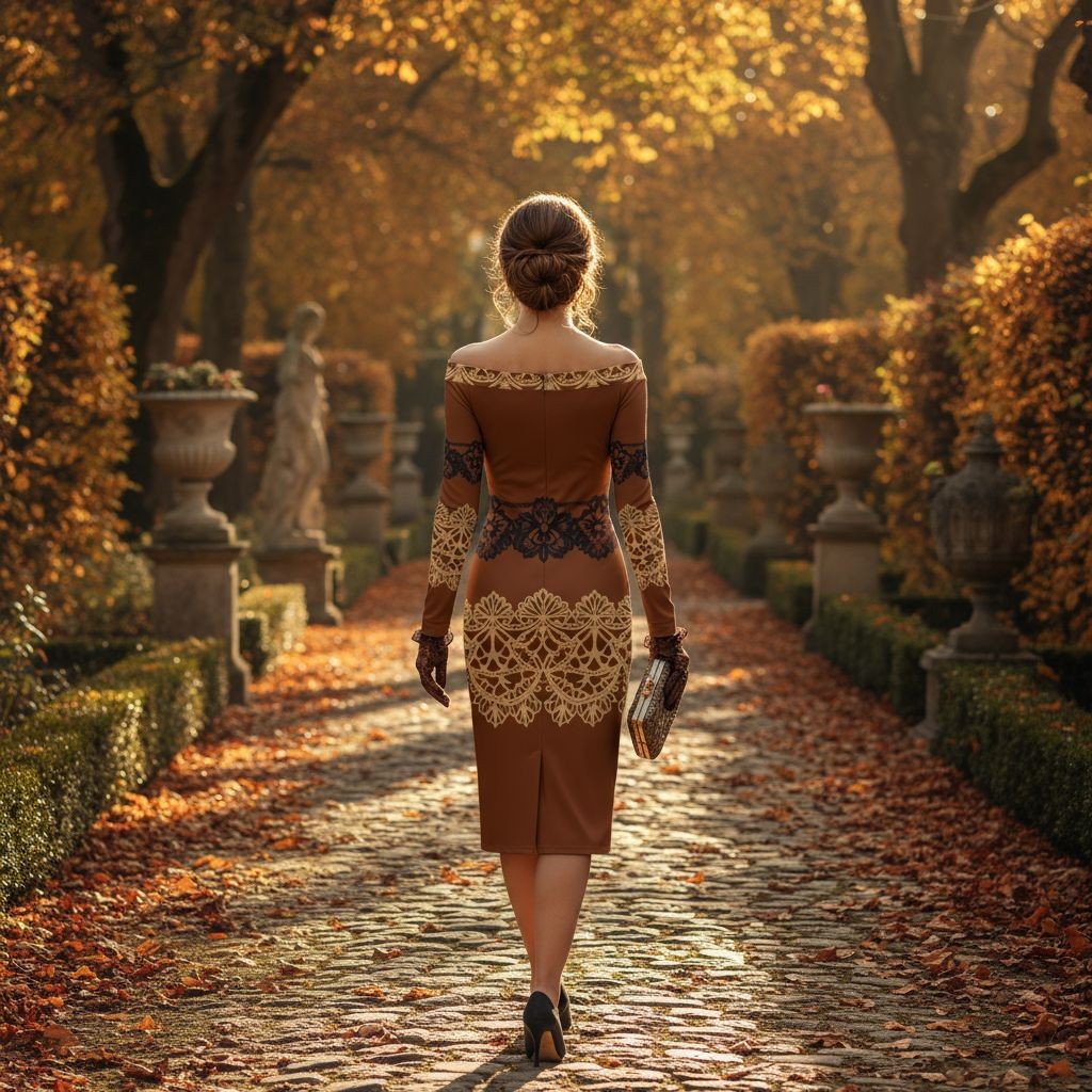 Brown Baroque Lace Long Sleeve Wrap Midi Dress with Off Shoulder Design - Angelic Blessings