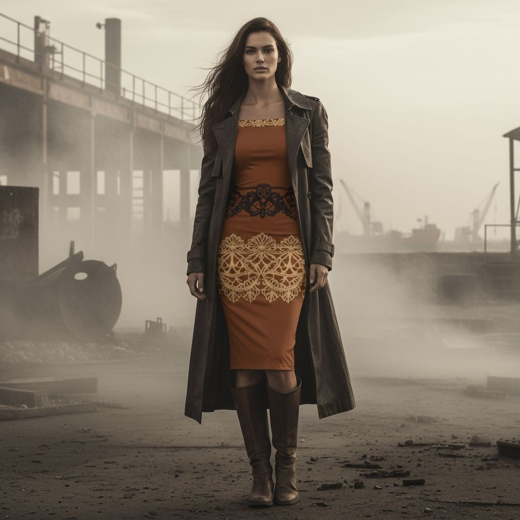 Brown Baroque Lace Long Sleeve Wrap Midi Dress with Off Shoulder Design - Angelic Blessings