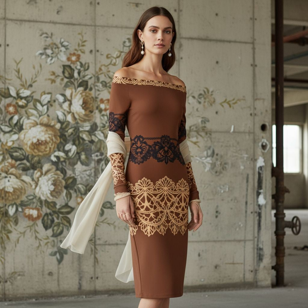 Brown Baroque Lace Long Sleeve Wrap Midi Dress with Off Shoulder Design - Angelic Blessings
