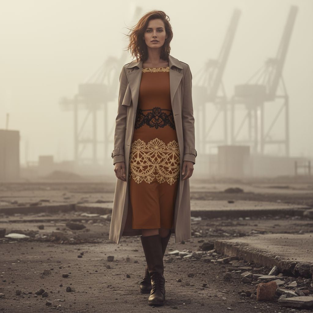 Brown Baroque Lace Long Sleeve Wrap Midi Dress with Off Shoulder Design - Angelic Blessings