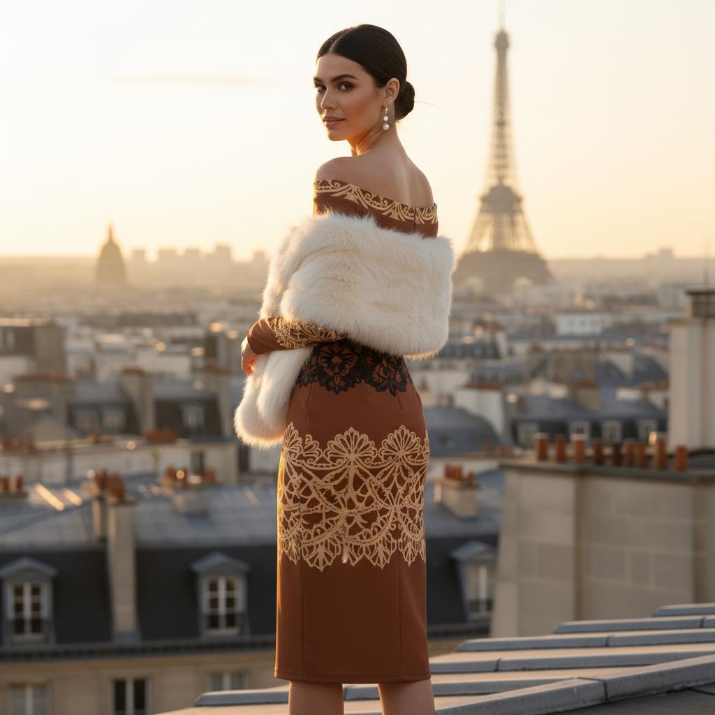 Brown Baroque Lace Long Sleeve Wrap Midi Dress with Off Shoulder Design - Angelic Blessings