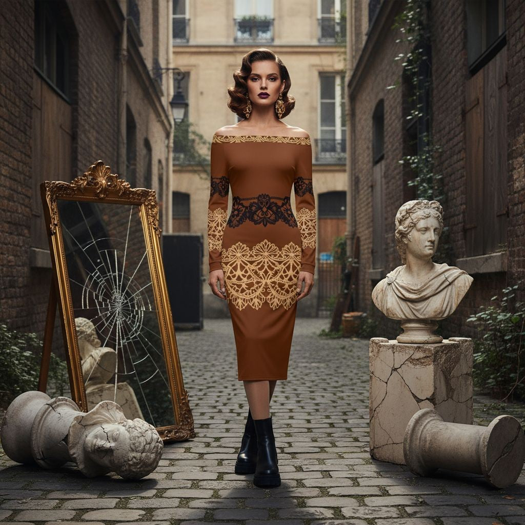 Brown Baroque Lace Long Sleeve Wrap Midi Dress with Off Shoulder Design - Angelic Blessings