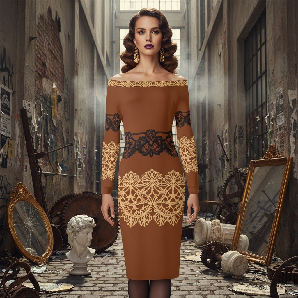 Brown Baroque Lace Long Sleeve Wrap Midi Dress with Off Shoulder Design - Angelic Blessings