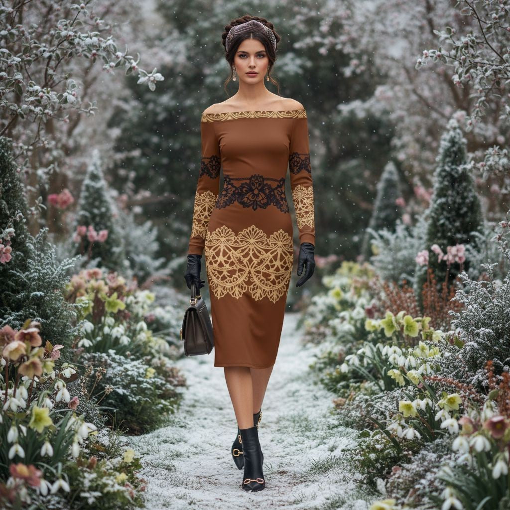 Brown Baroque Lace Long Sleeve Wrap Midi Dress with Off Shoulder Design - Angelic Blessings