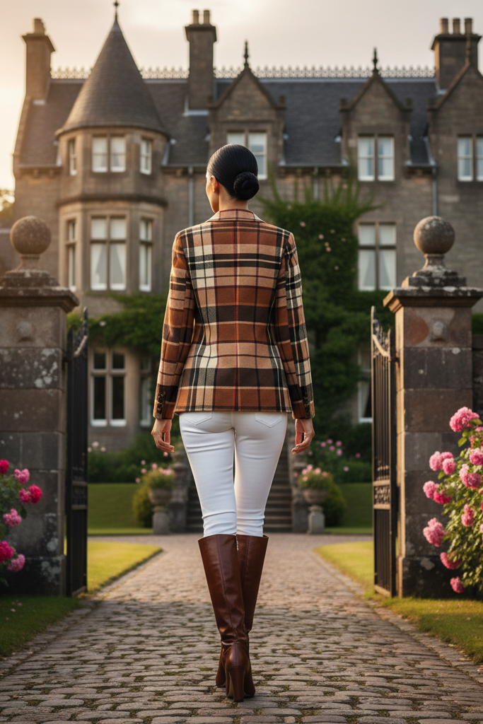 Brown tartan women’s blazer worn by woman with white pants and brown boots walking on cobblestone path