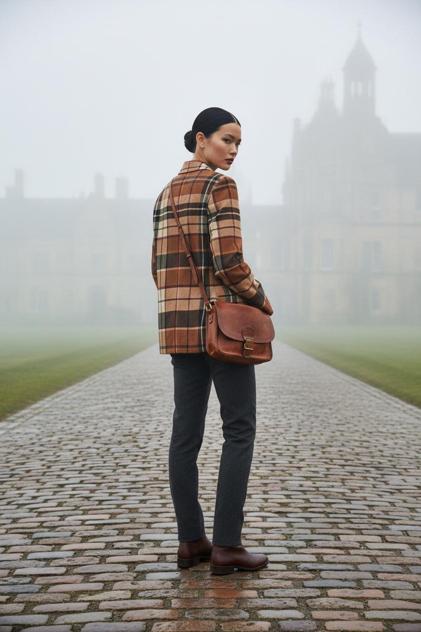 Woman wearing brown tartan women’s blazer with black pants and brown leather shoes on a cobblestone path