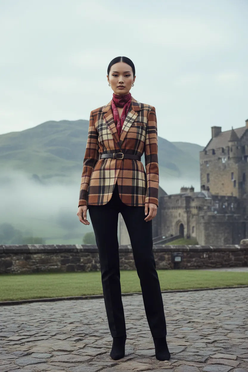 Model wearing brown tartan women’s blazer with black belt and black pants outdoors near castle