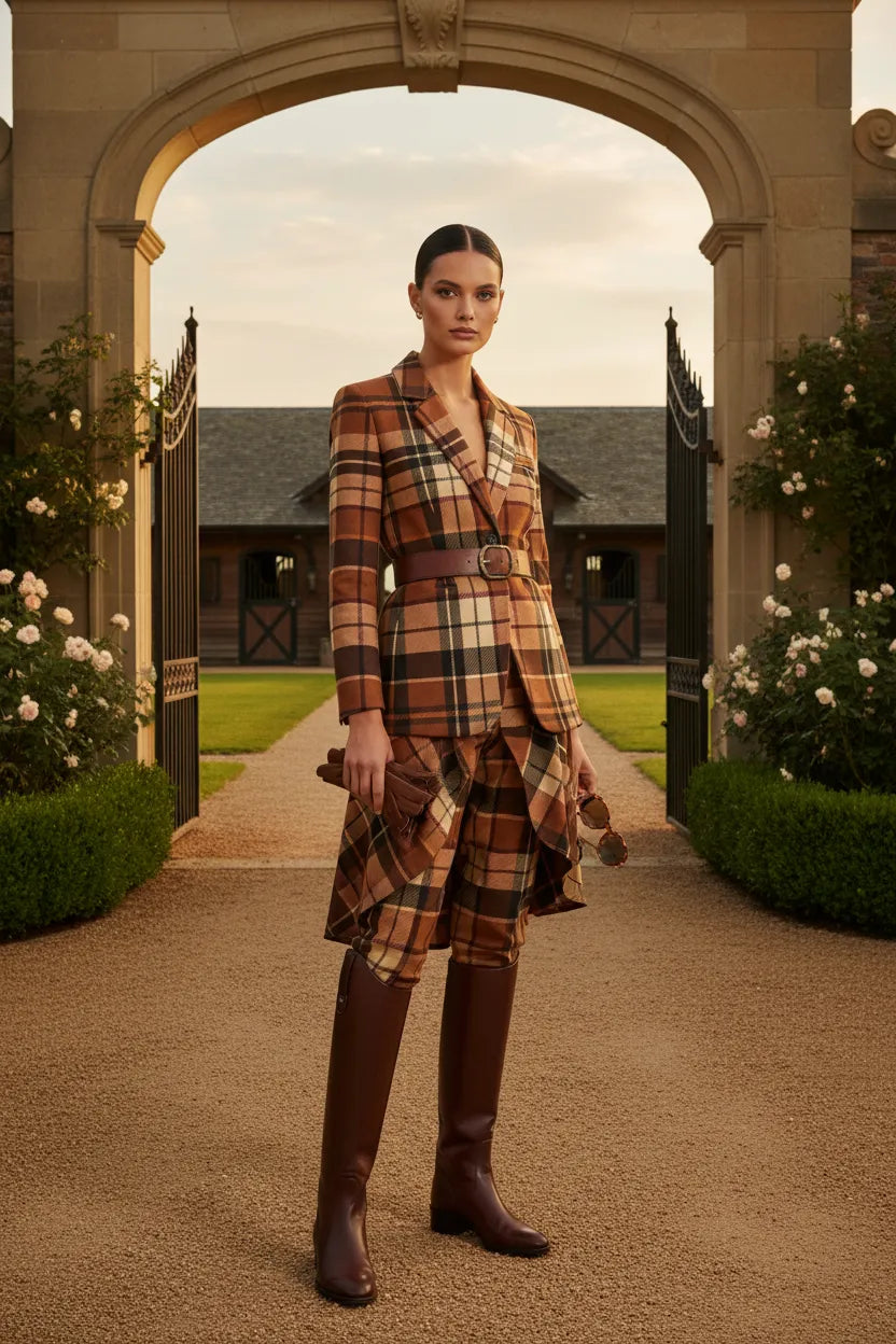 Brown tartan women’s blazer styled with matching skirt and brown boots in outdoor setting