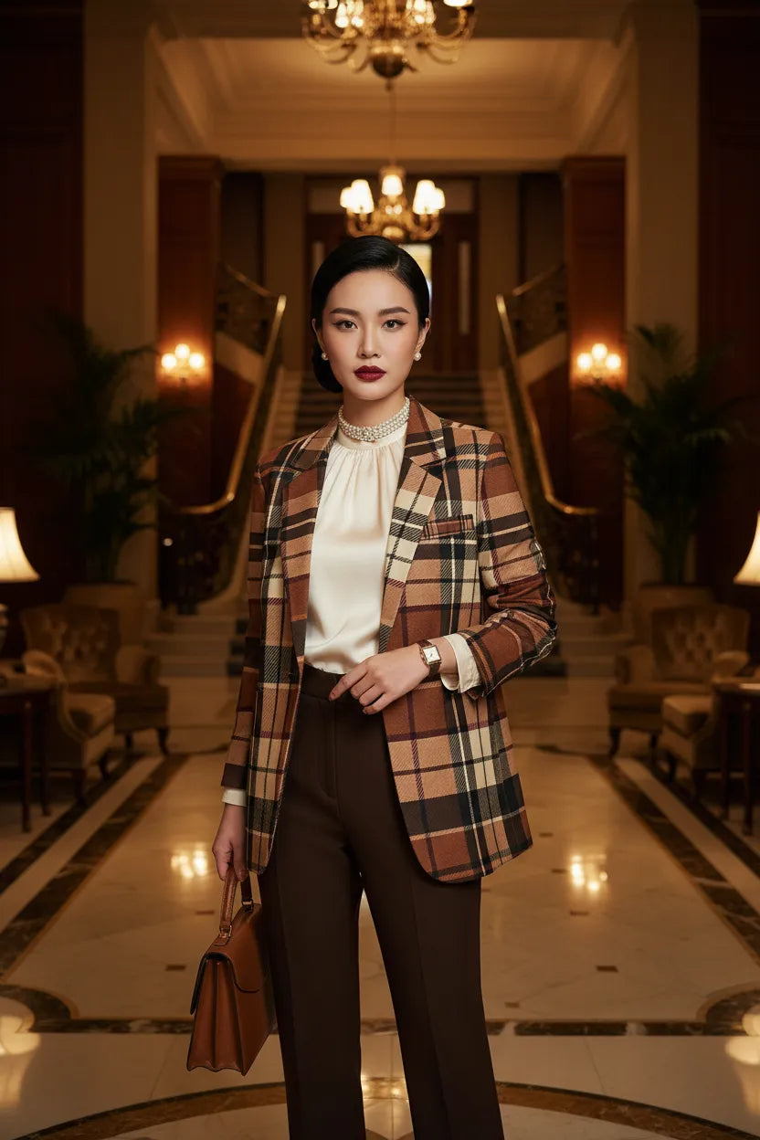 Brown tartan women’s blazer styled with cream blouse and brown pants in elegant indoor setting