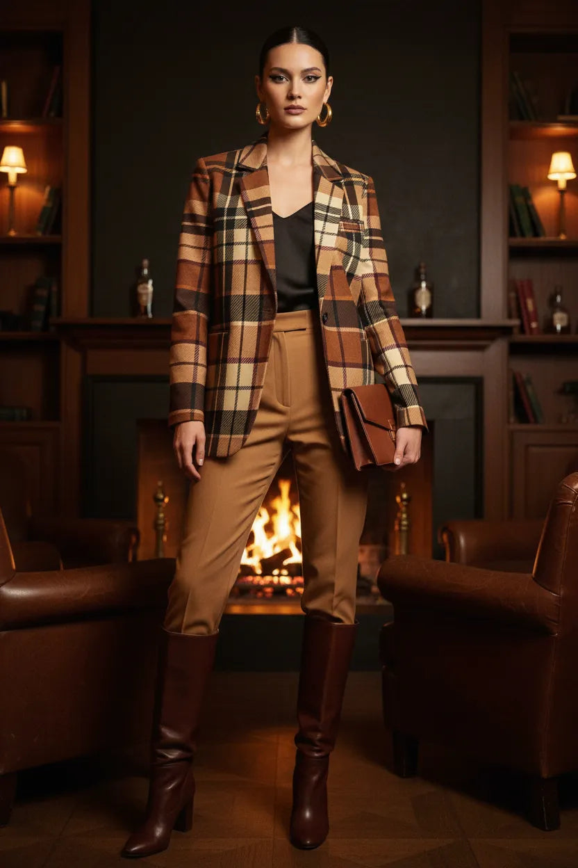 Brown tartan women’s blazer from Angelic Blessings Shop styled with tan pants and dark brown boots