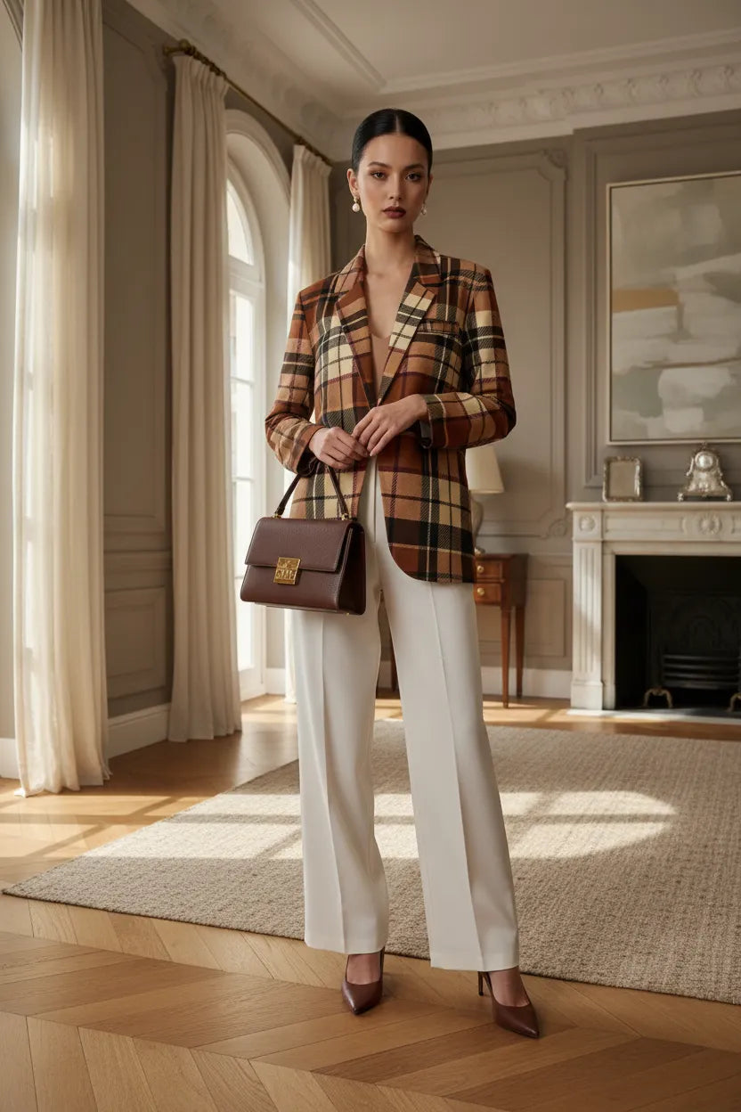 Brown tartan women’s blazer from Angelic Blessings Shop worn with white pants and brown heels