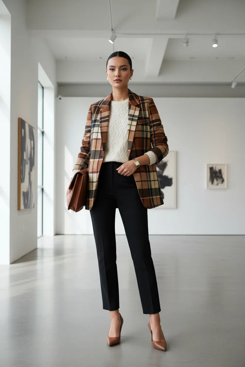 Brown tartan women’s blazer worn with white sweater black pants and brown heels