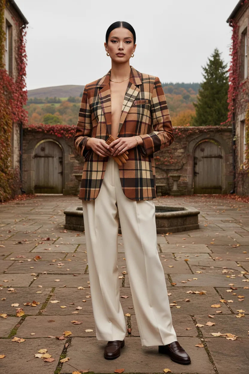 Brown tartan women’s blazer from Angelic Blessings Shop styled with cream pants and brown shoes outdoors