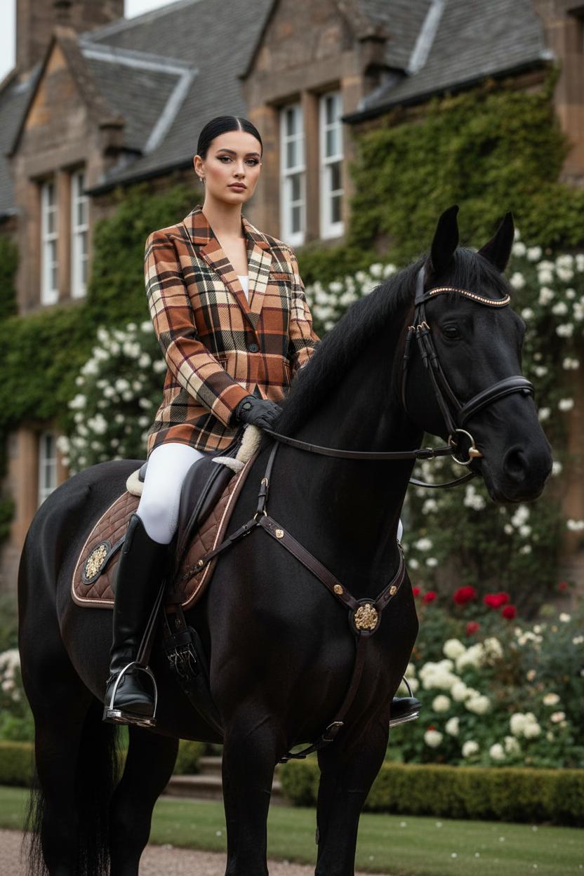 Woman wearing a brown tartan women’s blazer riding a black horse in front of a historic building