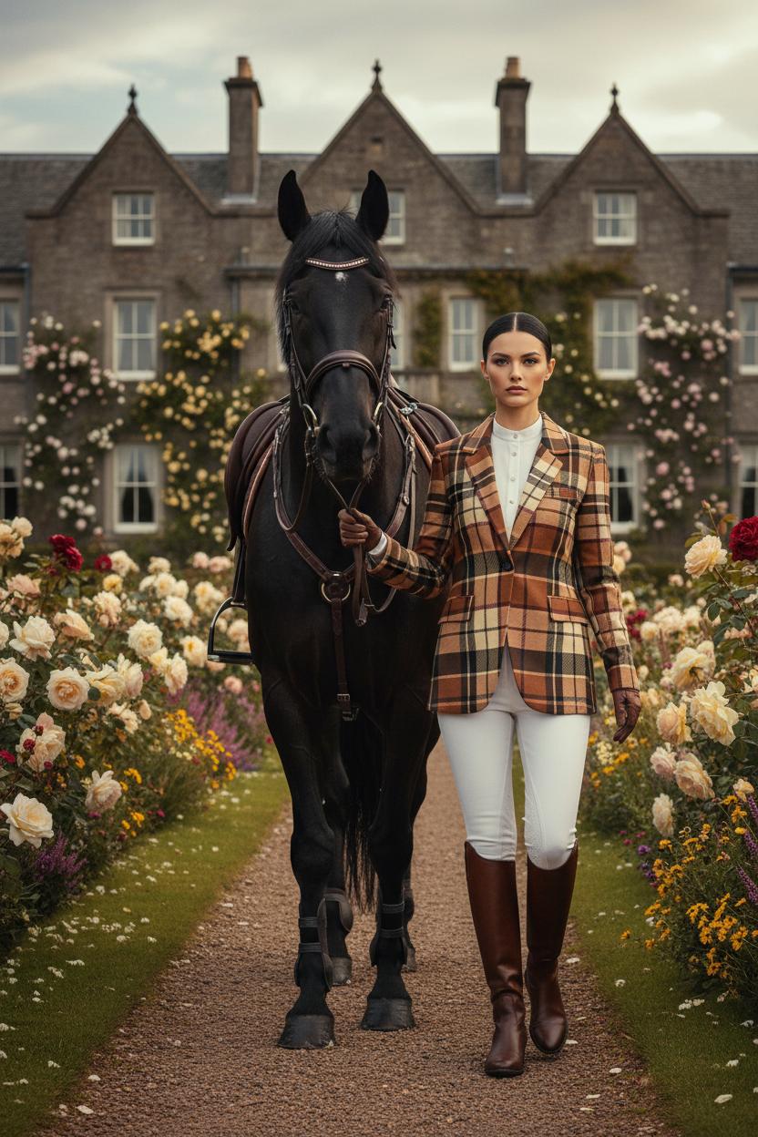 Woman wearing a brown tartan women’s blazer walking beside a black horse in a garden path