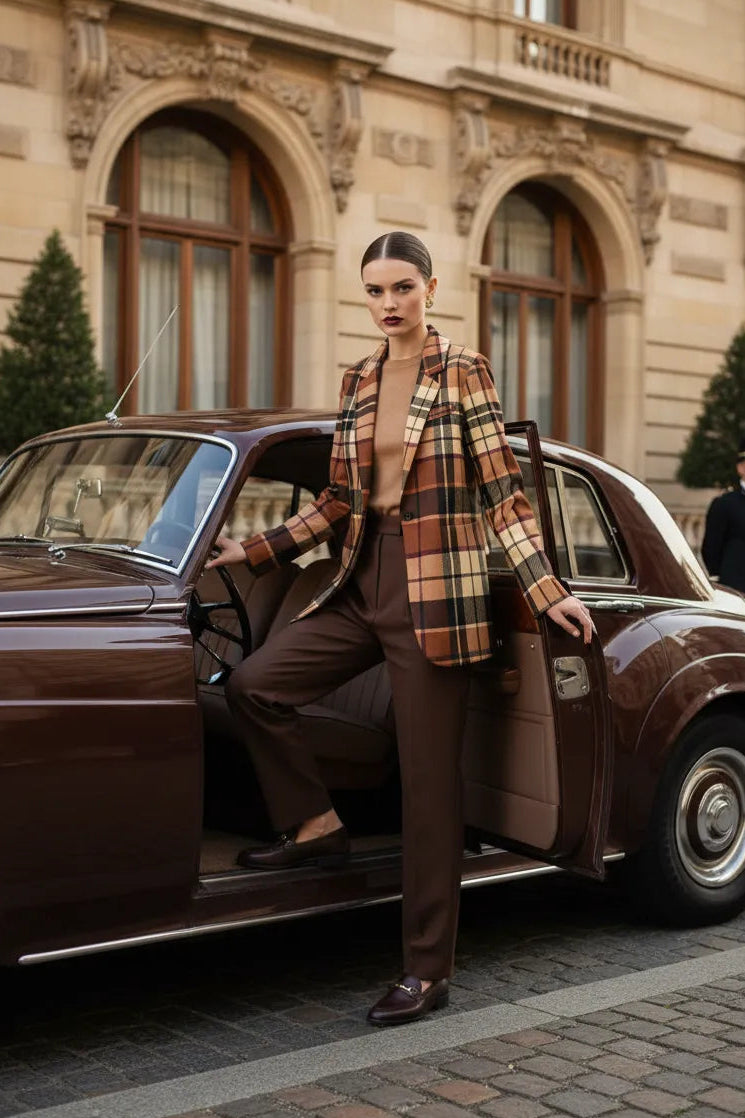 Brown tartan women’s blazer styled with brown pants and loafers by Angelic Blessings Shop