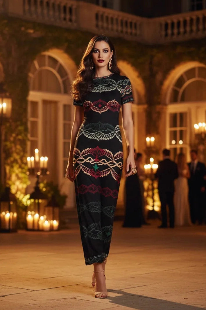 Elegant short sleeve midi dress with intricate patterns worn by model at evening event