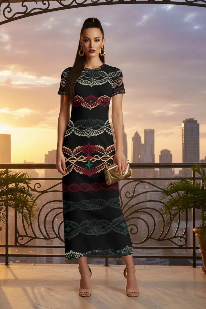 Angelic Blessings Shop elegant short sleeve midi dress with patterned design worn by model at sunset