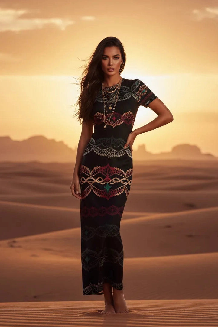 Angelic Blessings Shop elegant short sleeve midi dress with colorful patterns worn by woman in desert
