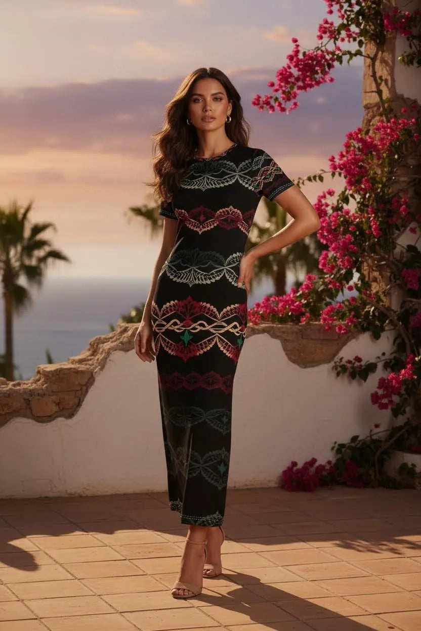 Elegant short sleeve midi dress with colorful patterns worn by woman outdoors at sunset