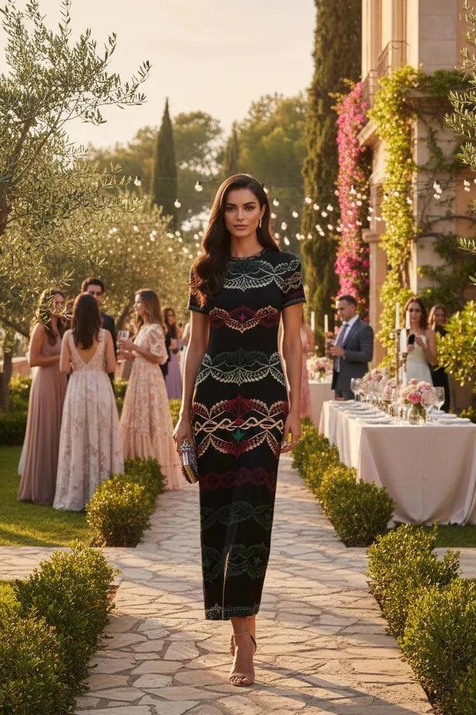 Angelic Blessings Shop elegant short sleeve midi dress worn by model at outdoor garden event