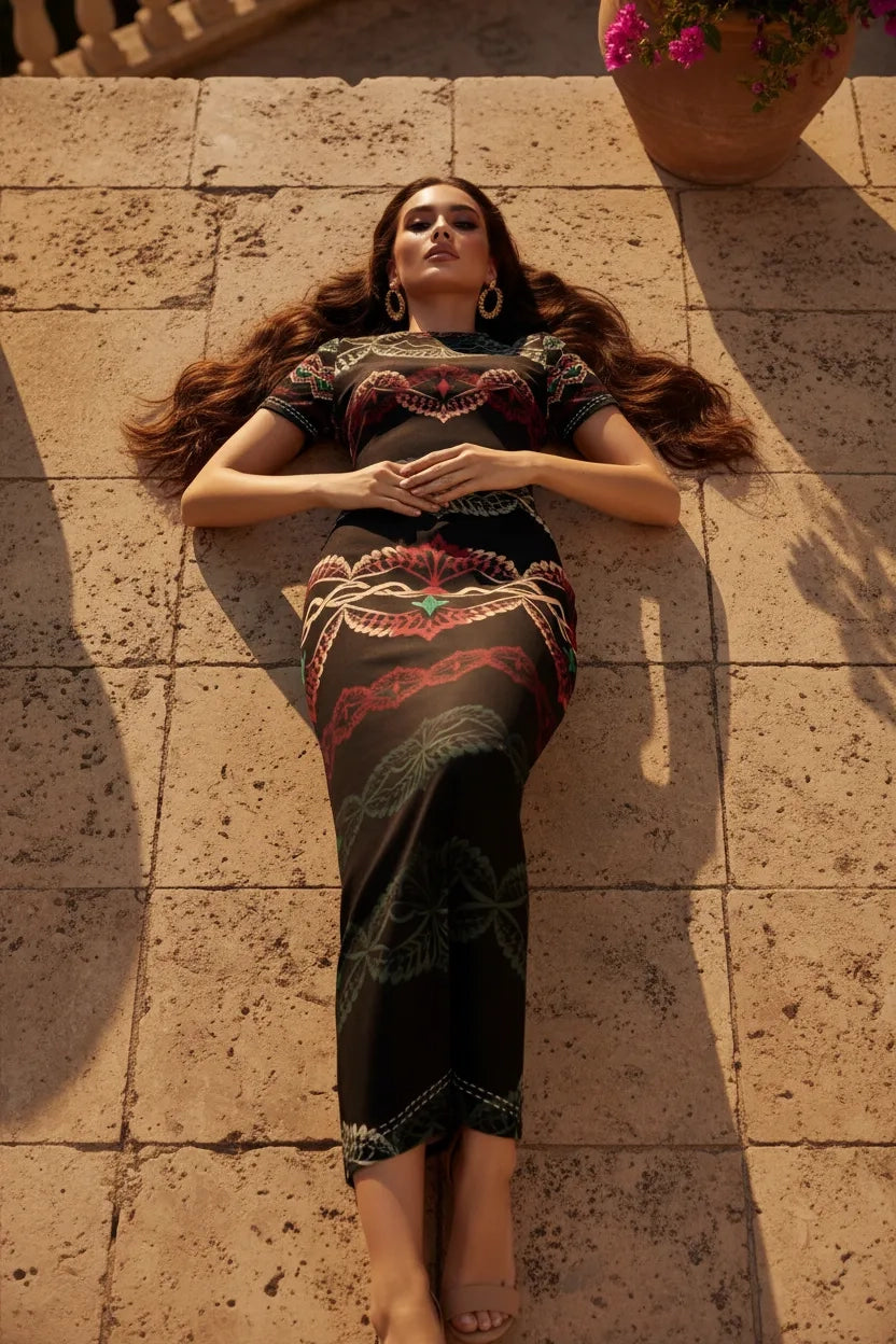 Woman wearing elegant short sleeve midi dress with colorful patterns lying on stone tiles