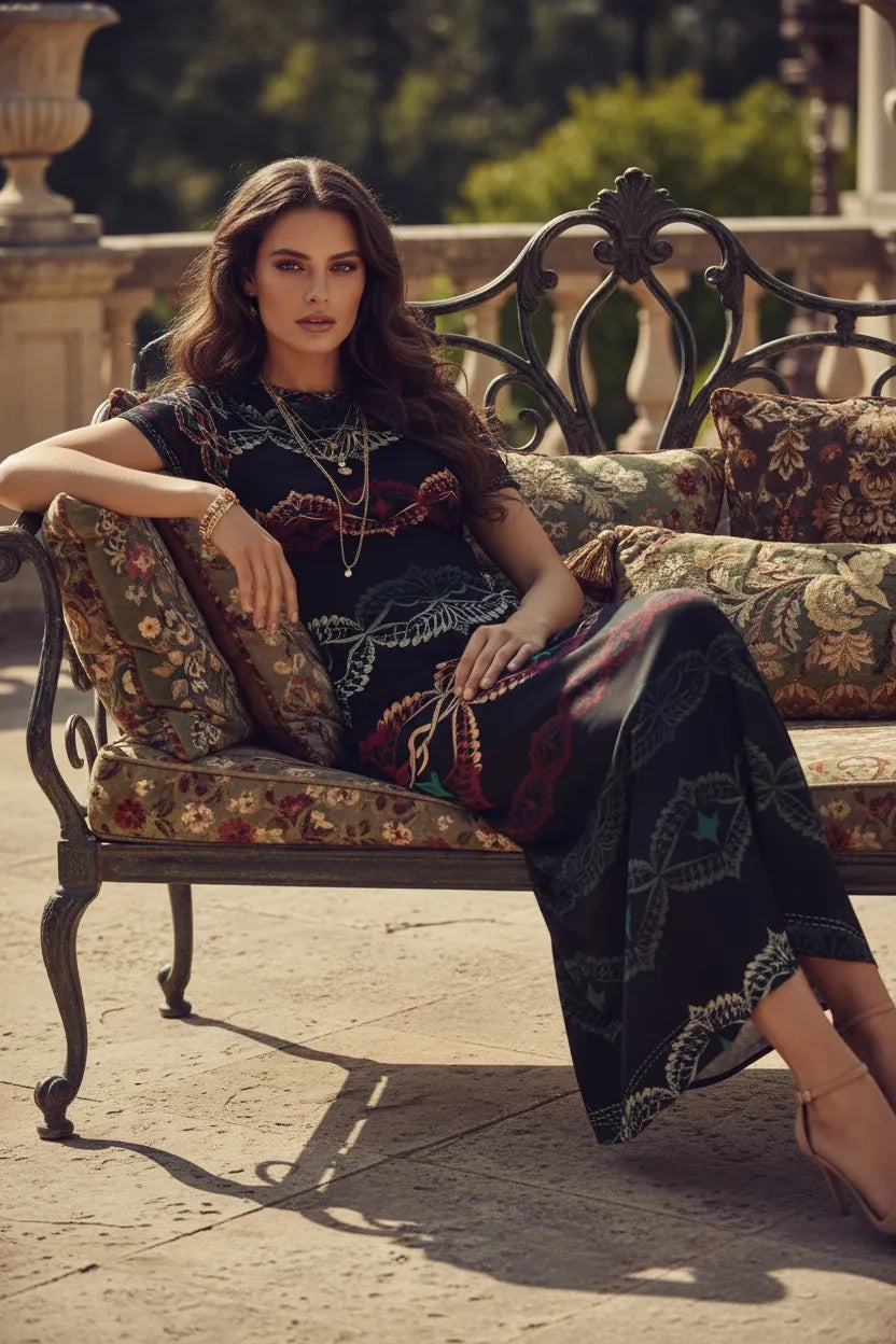 Woman wearing elegant short sleeve midi dress sitting on vintage outdoor sofa at Angelic Blessings Shop