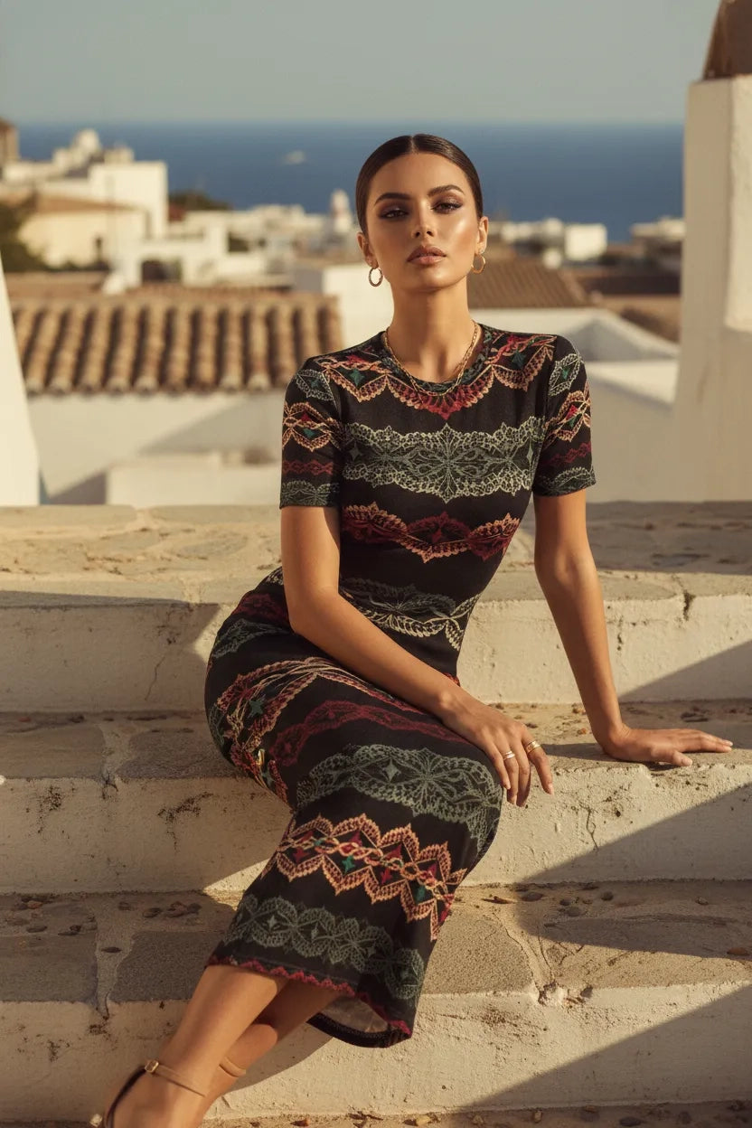 Angelic Blessings Shop elegant short sleeve midi dress with colorful lace pattern worn by woman sitting on stone stairs