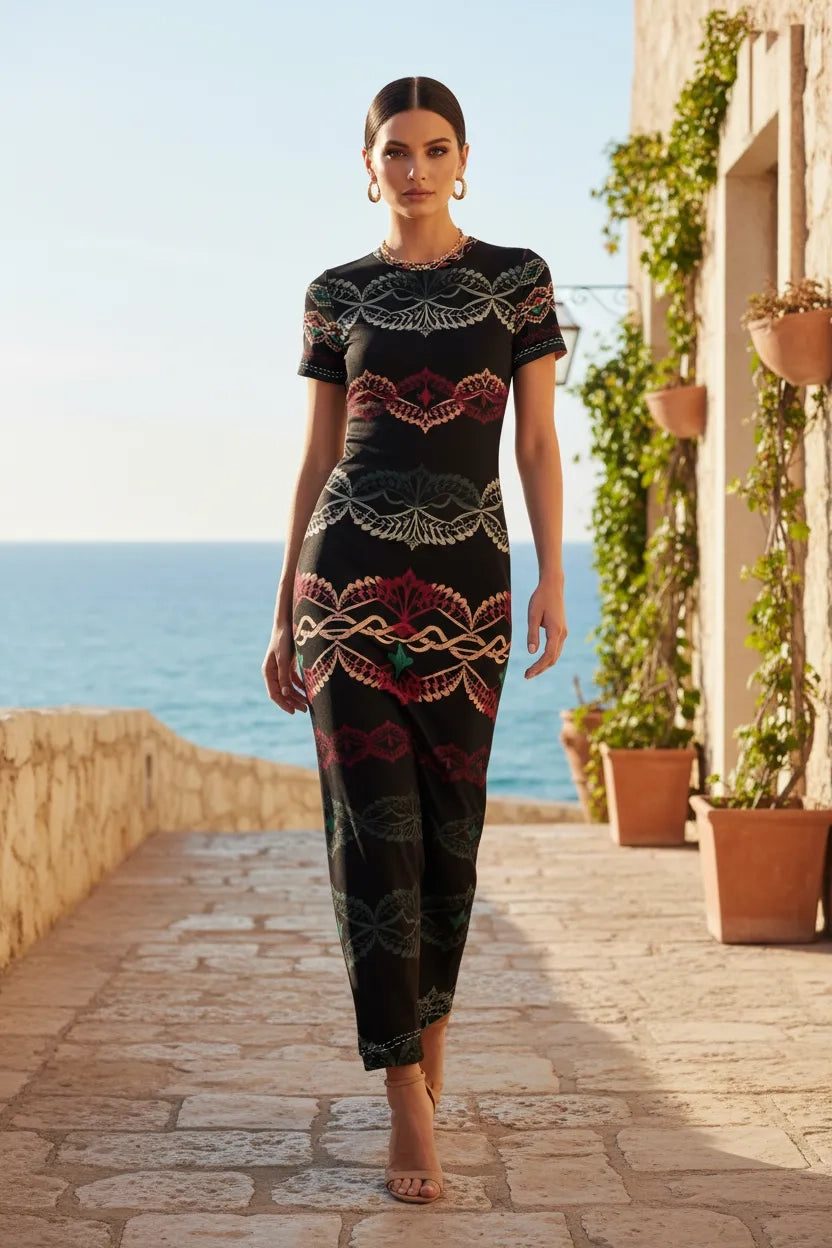 Model wearing elegant short sleeve midi dress with colorful geometric patterns by Angelic Blessings Shop