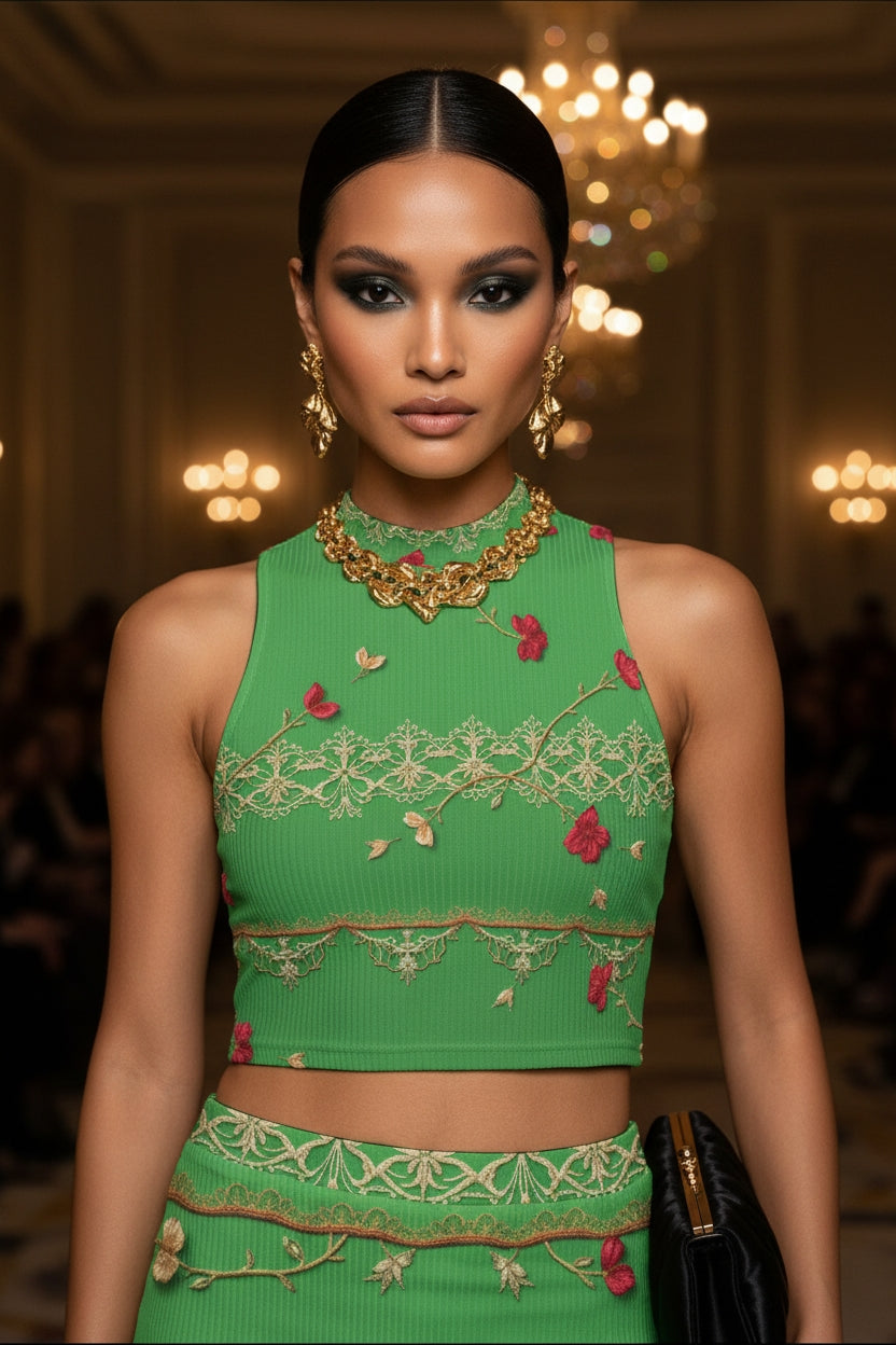 Model wearing green baroque two piece set with floral embroidery and gold jewelry from Angelic Blessing Shop