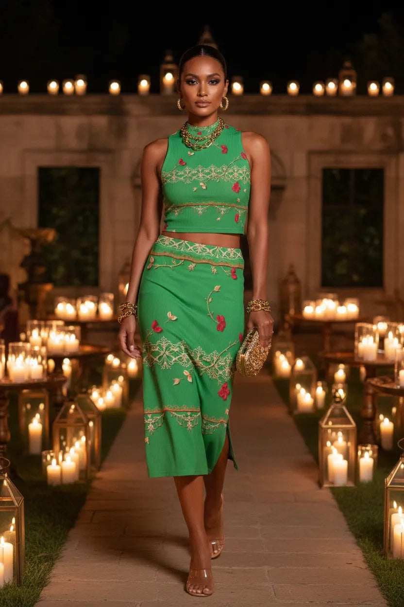 Model wearing green baroque two piece set outfit with intricate gold and red patterns from Angelic Blessing Shop