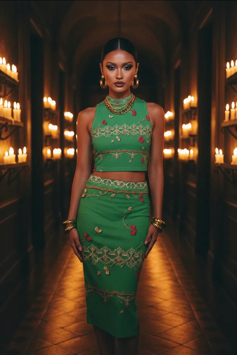 Model wearing green baroque two piece set with intricate gold and red embroidery in dimly lit hallway