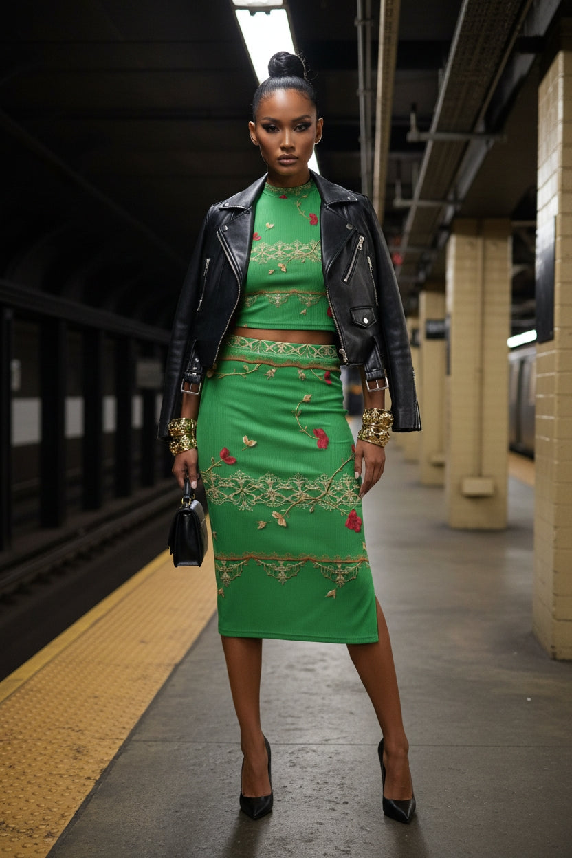 Model wearing green baroque two piece set with floral patterns paired with black leather jacket and heels