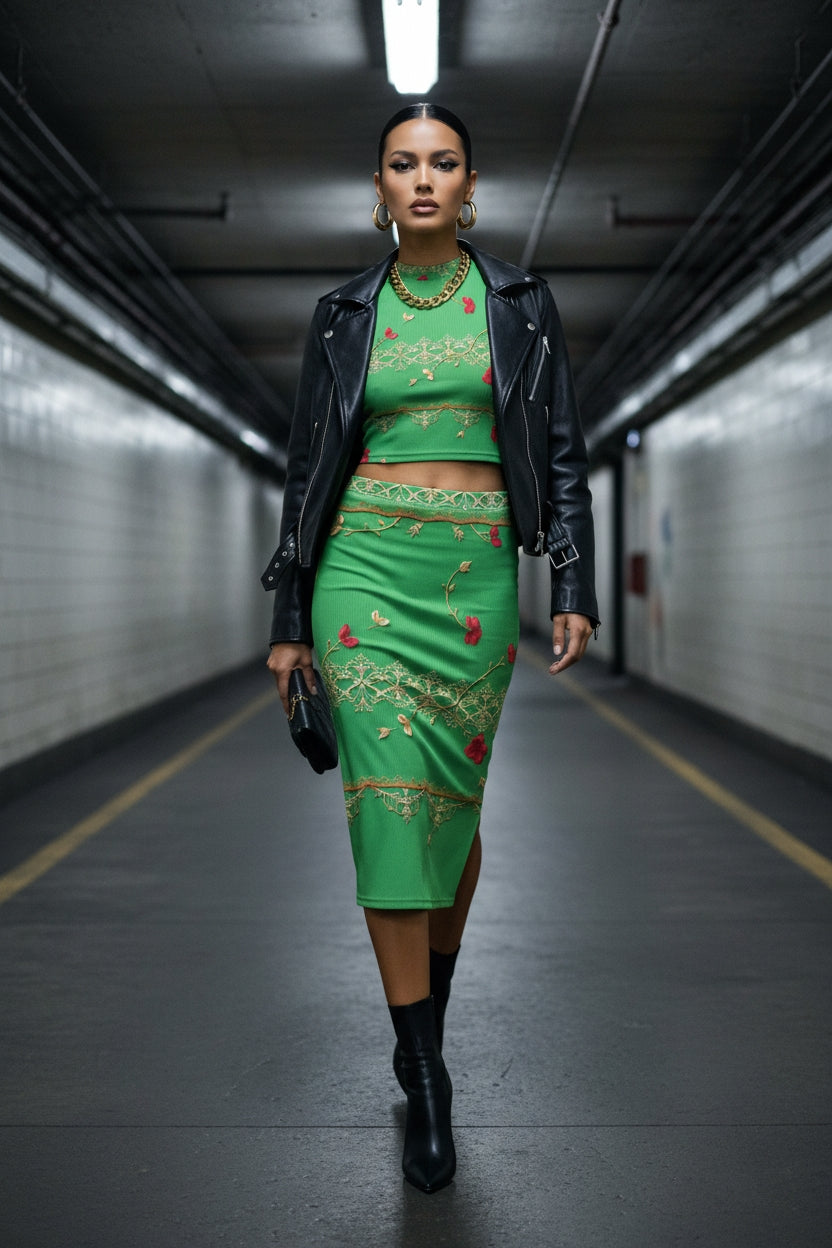 Model wearing green baroque two piece set with floral pattern and black leather jacket