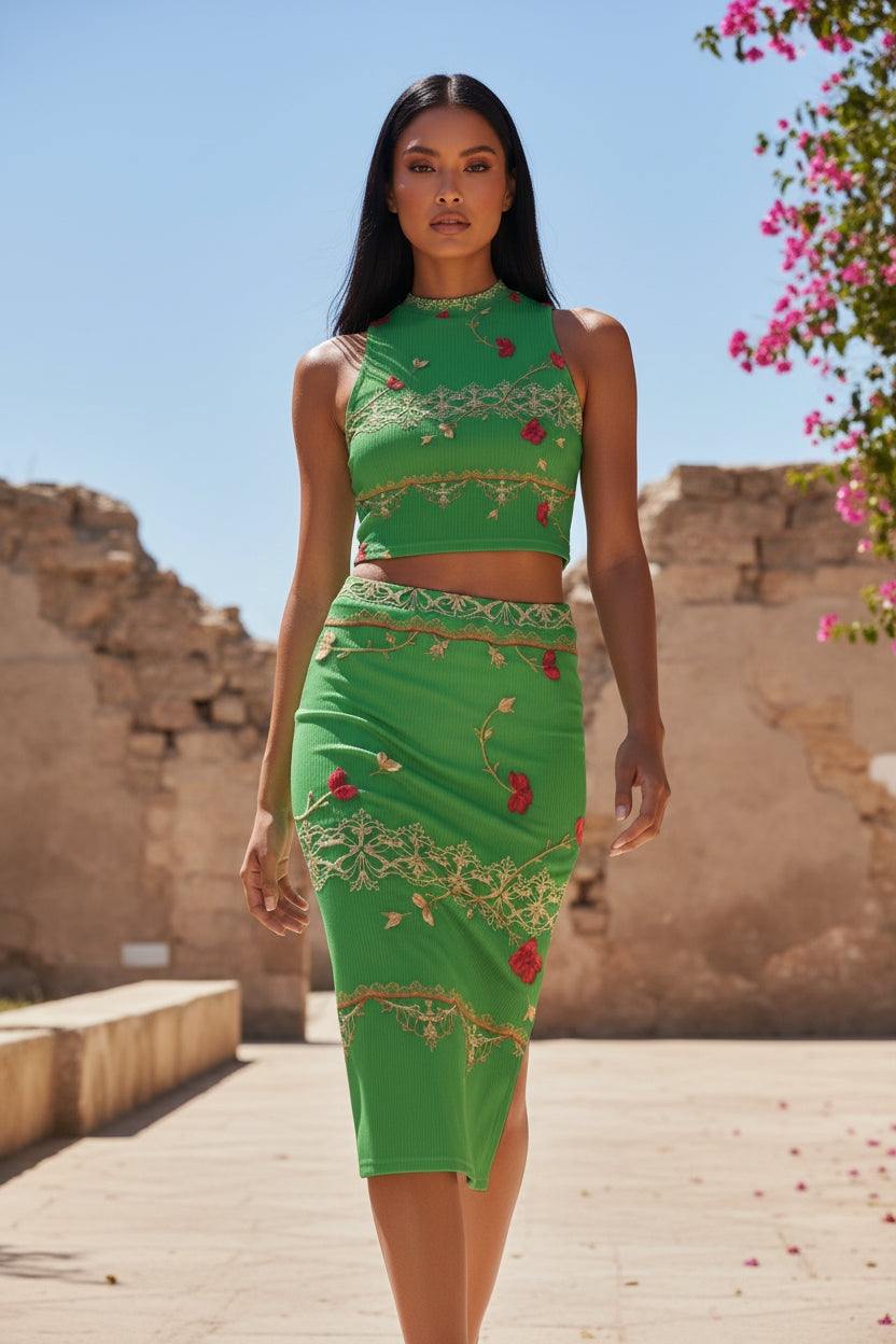Green baroque two piece set outfit with floral and ornate patterns worn by model outdoors