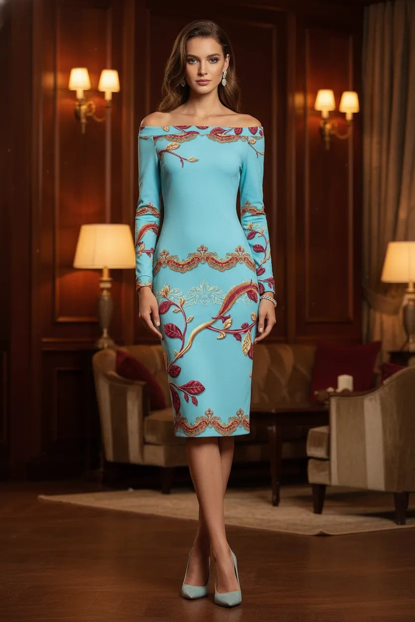 Angelic Blessings ice blue off-shoulder wrap dress with long sleeves and elegant floral design