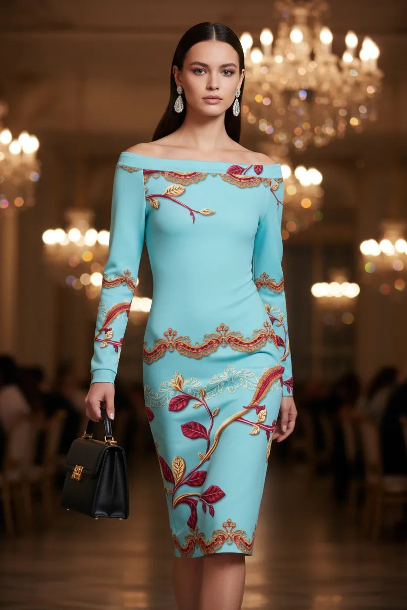 Angelic Blessings ice blue off-shoulder wrap dress with floral embroidery and long sleeves