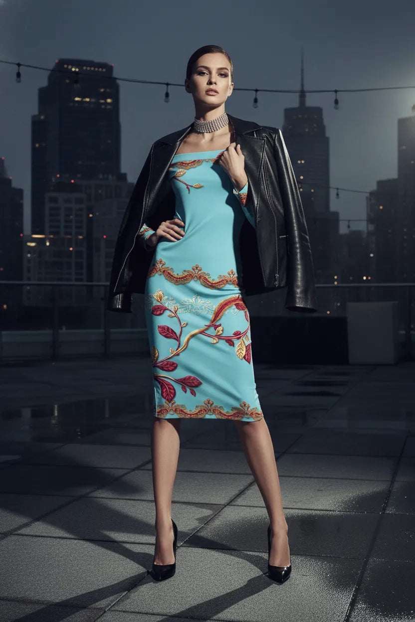 Angelic Blessings ice blue off-shoulder wrap dress with floral patterns worn with black leather jacket and heels