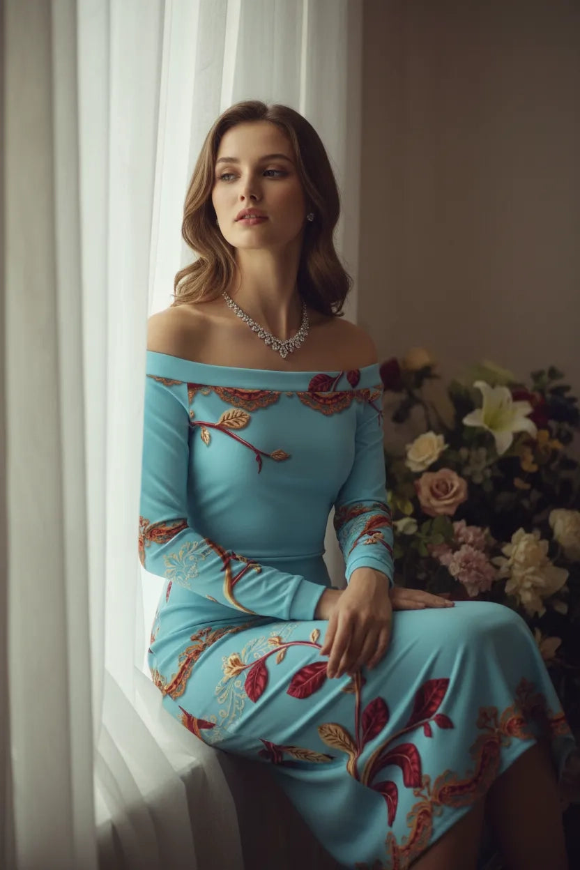 Angelic Blessings ice blue off-shoulder wrap dress with floral embroidery worn by a seated woman