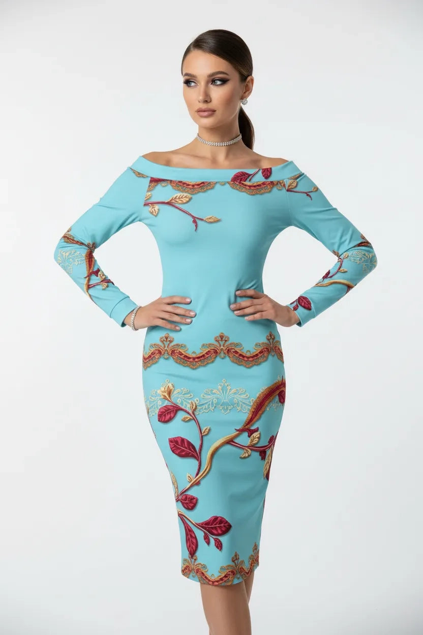 Angelic Blessings ice blue off-shoulder wrap dress with long sleeves and floral embroidery